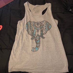 Gray tank top with elephant.
